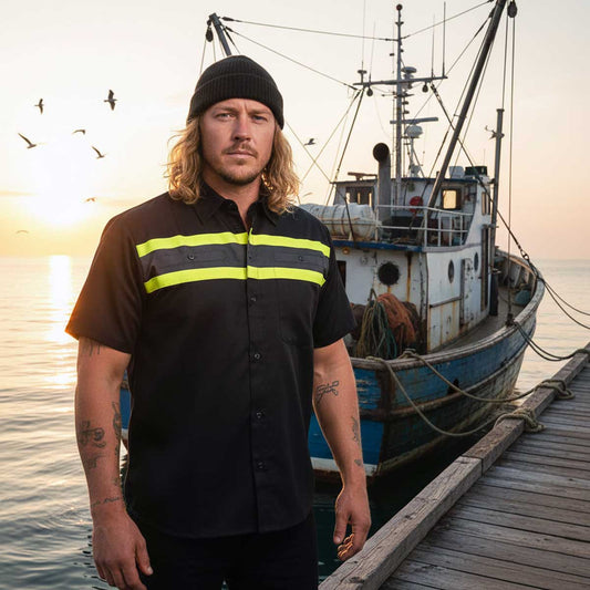 MMCC Men's Petro Mechanic Button Up Shop Shirt, Reflective Strip, 2-Chest Pockets - Black-Grey-Green - MMC16007