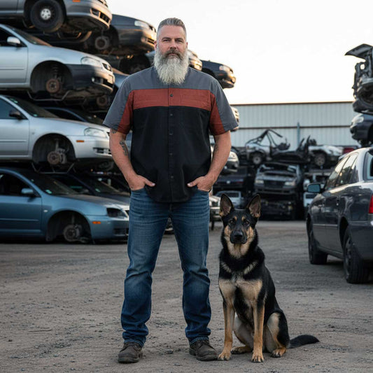 MMCC Men's Pit Stop Mechanic Button Up Shop Shirt, Reflective Strip, 2-Chest Pockets - Black-Orange-Grey - MMC16010