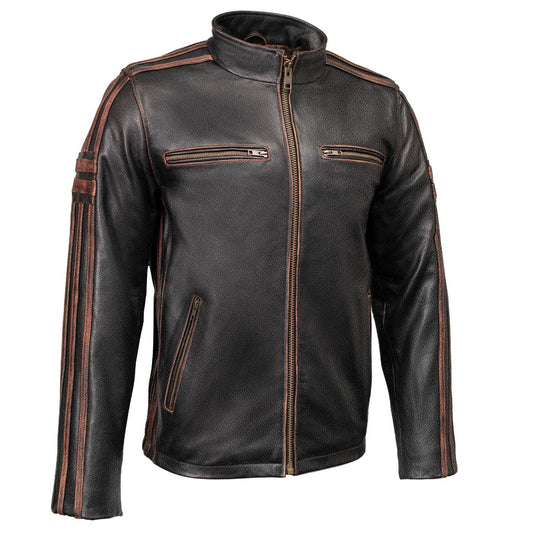 Milwaukee Leather Men’s Copperline Black Leather Moto Café Racer Jacket, Stand Collar, 6 Pockets - SFM1816
