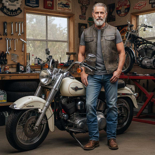 Milwaukee Leather MLM3510 Men's Black/Beige Premium Leather Club Style Vest - Dual Closure Open Neck Motorcycle Vest