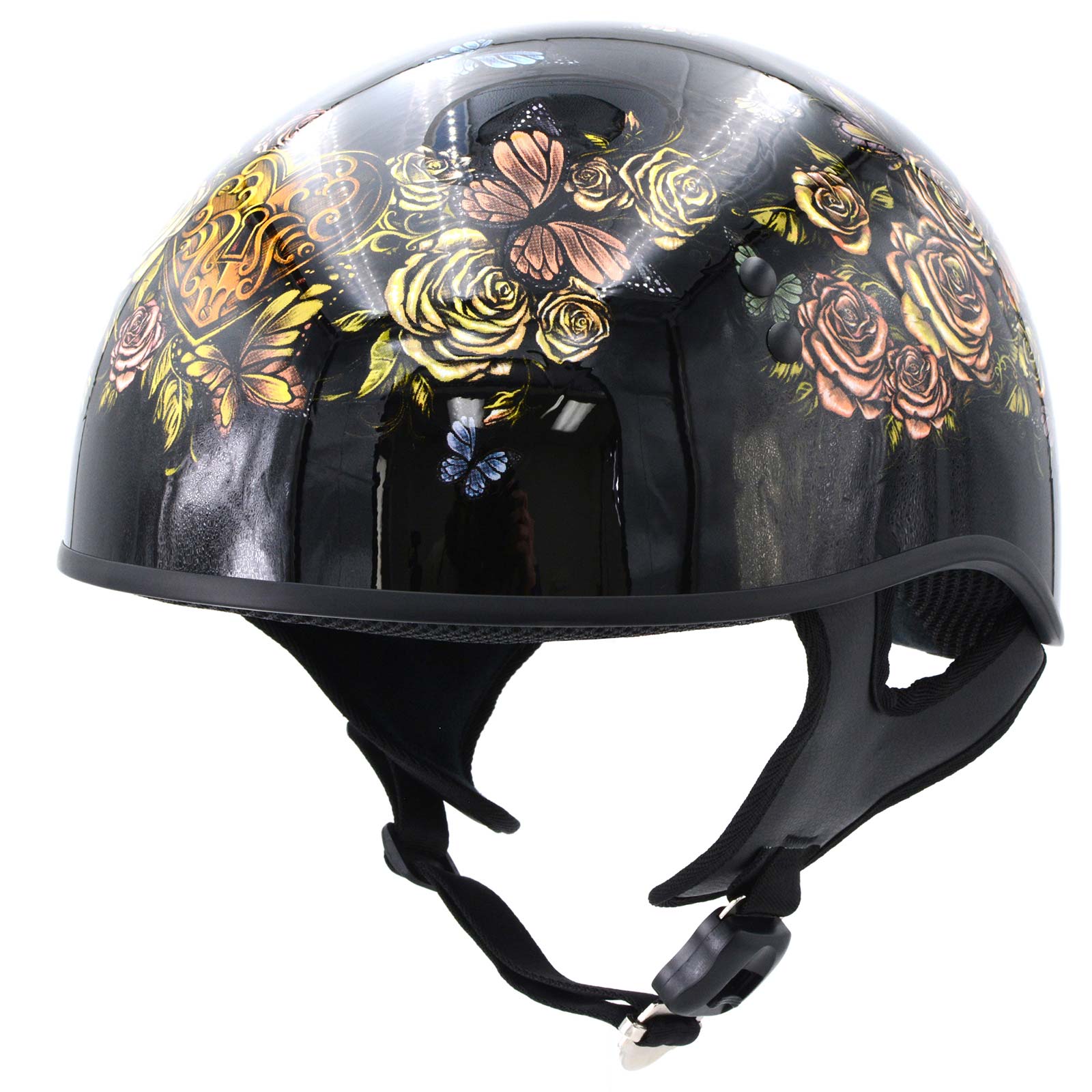 Hot Leathers HLD1034 'Butterfly Lock' Gloss Black Motorcycle DOT Approved Skull Cap Half Biker Helmet Hot Leathers HLD1034 'Butterfly Lock' Gloss Black Motorcycle DOT Approved Skull Cap Half Biker Helmet