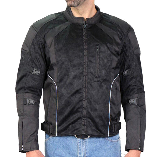 Hot Leathers JKM1025 Men’s Black Armored Nylon Mesh Jacket with Reflective Piping and Concealed Carry Pocket