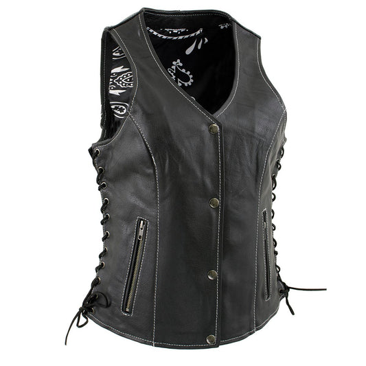 Milwaukee Leather LKL4711 Women's Black Premium Leather Motorcycle Vest with Side Lace Adjustment