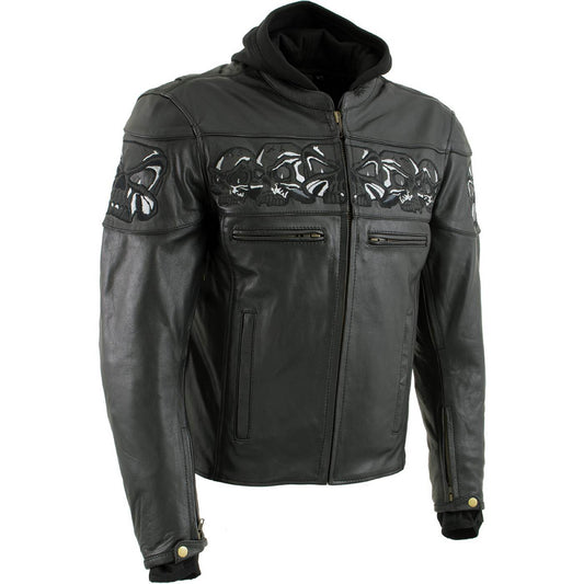 Milwaukee Leather Men's Futile CE Armored Leather Motorcycle Jacket w/ Hoodie Liner, Reflective Skull - LKM1706