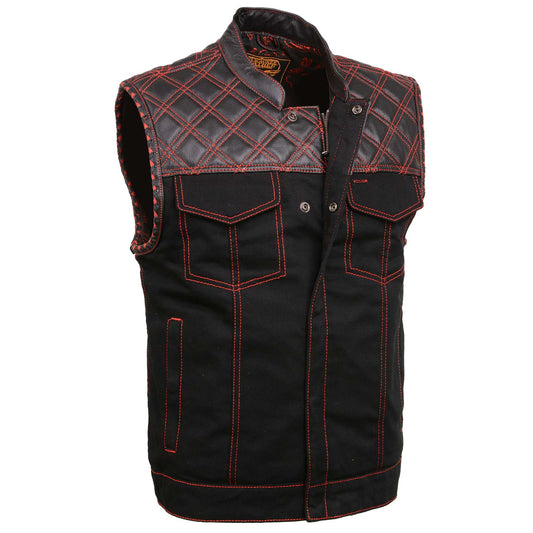 Milwaukee Leather MDM3036 Men’s Wrecker Club Vest – Black Denim & Leather, Diamond Quilt, Red Stitch