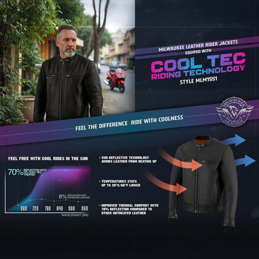 Milwaukee Leather MLM1551 Men's Black Lightweight Premium Leather Motorcycle Jacket w/ Cool-Tec Leather Treatement