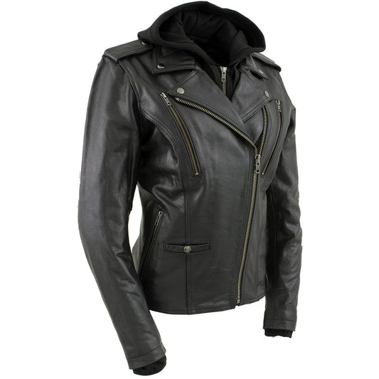 Milwaukee Leather LKL2739 Women's Black Premium Leather Vented Motorcycle Biker Jacket w/ Hoodie