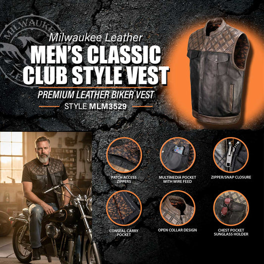 Milwaukee Leather MLM3529 Men's Black & Brown Paisley Lined Leather Vest w/ Accent Stitching & Armhole Trim