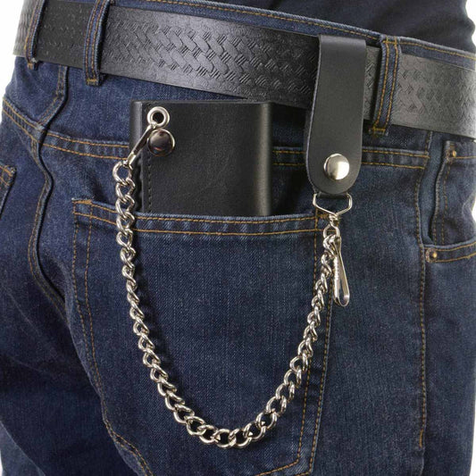 Milwaukee Leather MLW7831 Men's 4" Classic Black Plain Genuine Leather Tri-Fold Biker Wallet w/ Anti-Theft Stainless Steel Chain