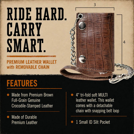 Milwaukee Leather Brown Leather Crocodile-Stamped Tri-Fold Wallet, MLW7849