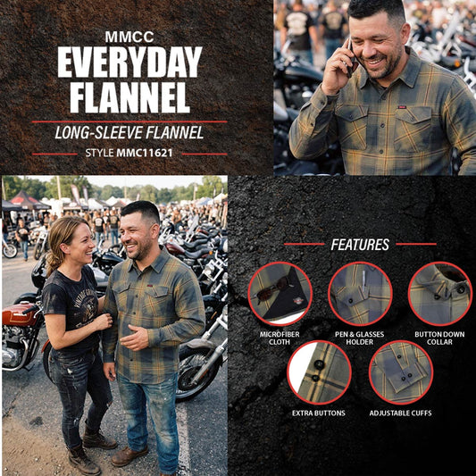 MMCC Garrison Men's Olive Gray Black Plaid Flannel Shirt - 100% Cotton Long Sleeve Button-Up - MMC11621