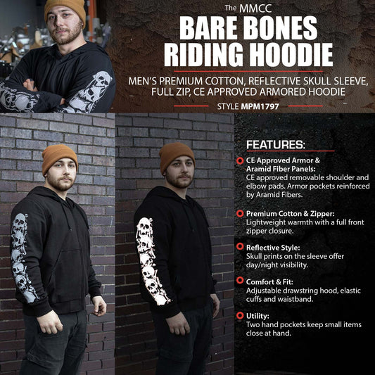 Milwaukee Leather Men's Bare Bones Black Reflective Skull CE Armored Riding Hoodie, Shoulder and Elbow Armor - MPM1797