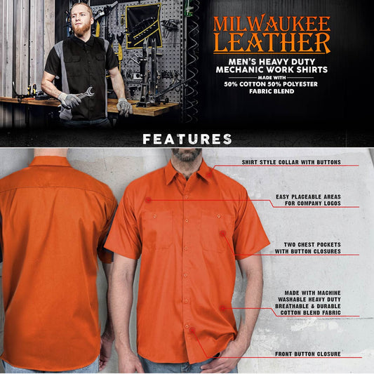 Milwaukee Leather MDM11686 Men’s OrangeButton-Up Heavy-Duty Work Shirt - Classic Mechanic Shirt w/ Pockets