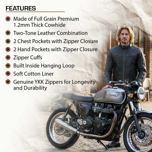 Milwaukee Leather Men’s Copperline Black Leather Moto Café Racer Jacket, Stand Collar, 6 Pockets - SFM1816