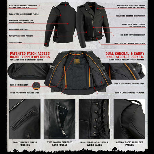 Milwaukee Leather SH1011 Men's Classic Brando Premium Leather Black Motorcycle Riders Leather Jacket w/ Side Laces