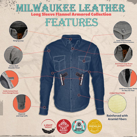 Milwaukee Leather MPM1621 Men's Grey CE Armored Long Sleeve Motorcycle Riders Shirt w/ Reinforced w/ Aramid Fibers