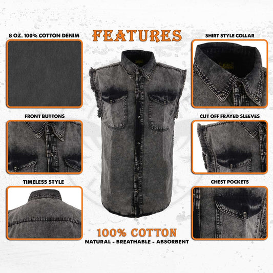 Milwaukee Leather MDM11683 Men’s Classic Beige/Black Button-Down Cut Off Frayed Sleeveless Casual Shirt