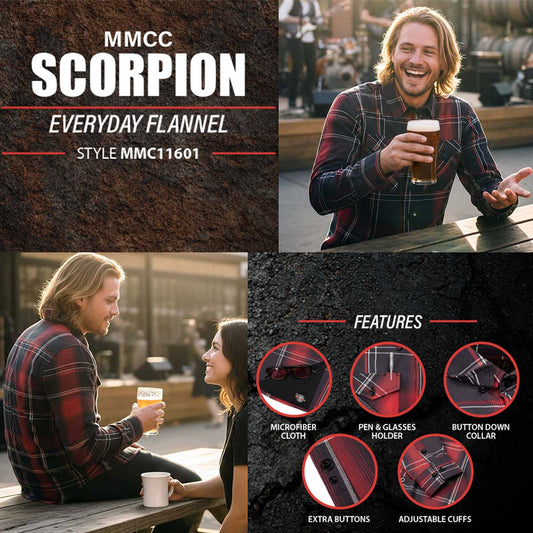 MMCC Scorpion Men's Red Black White Plaid Flannel Shirt - 100% Cotton Long Sleeve Button-Up - MMC11601