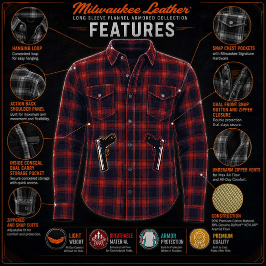 Milwaukee Leather MPM1632 Men's Plaid Flannel Biker Shirt with CE Approved Armor - Reinforced w/ Aramid Fiber