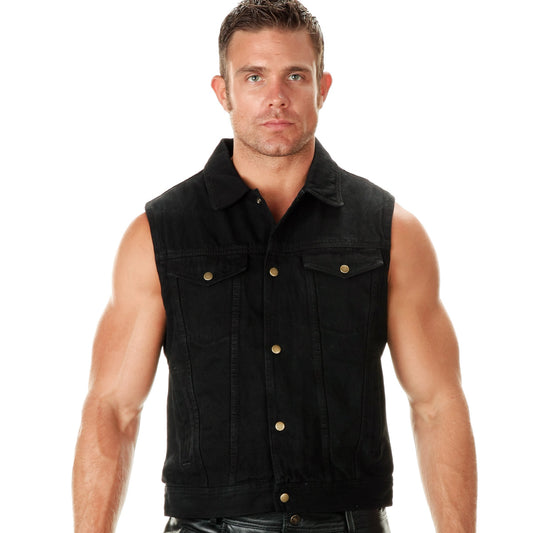 Milwaukee Leather Men's Outrider Black Denim Motorcycle Rider Vest with Shirt Collar - MDM3081