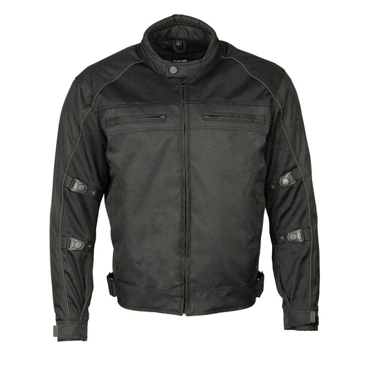M Boss Motorcycle Apparel BOS11703 Men's Black Nylon and Mesh Motorcycle Racer Riding Jacket with Reflective Piping