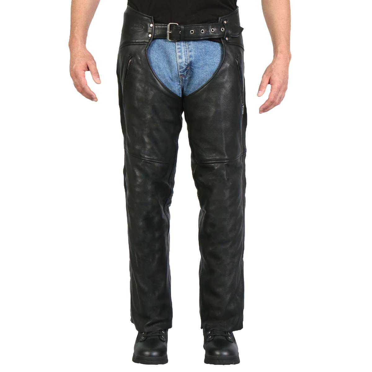 Men's Black Genuine Leather Chaps Pants – Slim Fit, Biker Style, Sizes 28-50 Waist