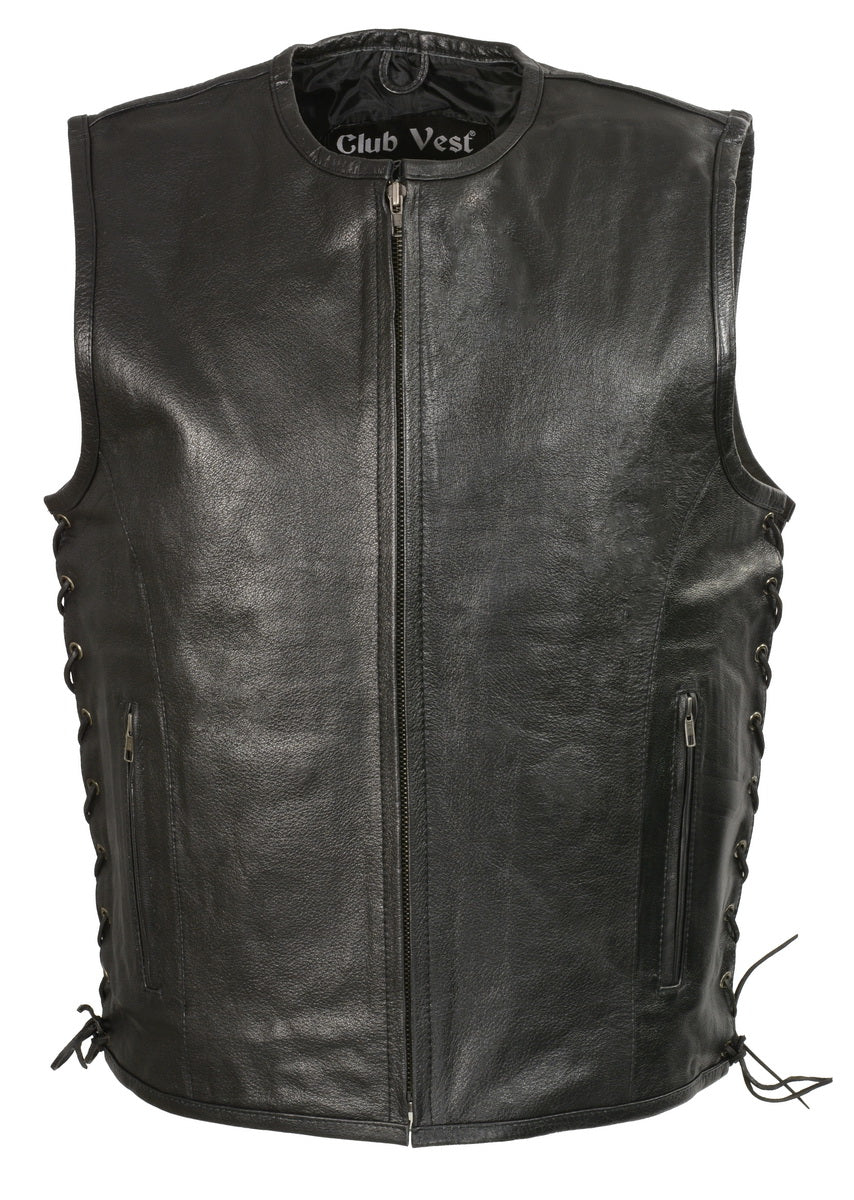 Club Vest CVM3741 Men's Black Zipper Front Side Lace Leather Vest