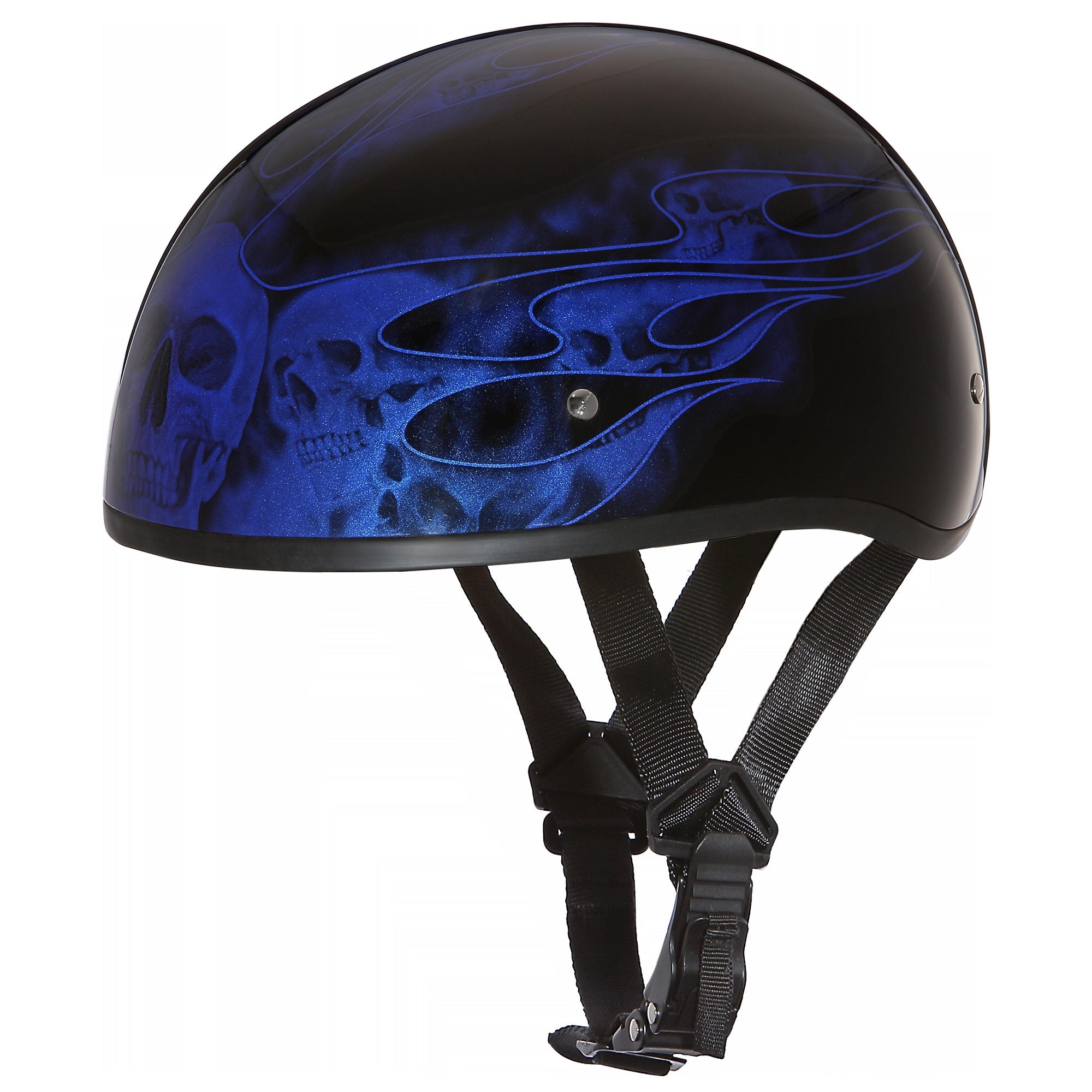 blue half motorcycle helmet Close Out Clearance Daytona Helmets D6-SFB ‘Skull Cap’ with Blue Skull  Flames Half Face Helmet