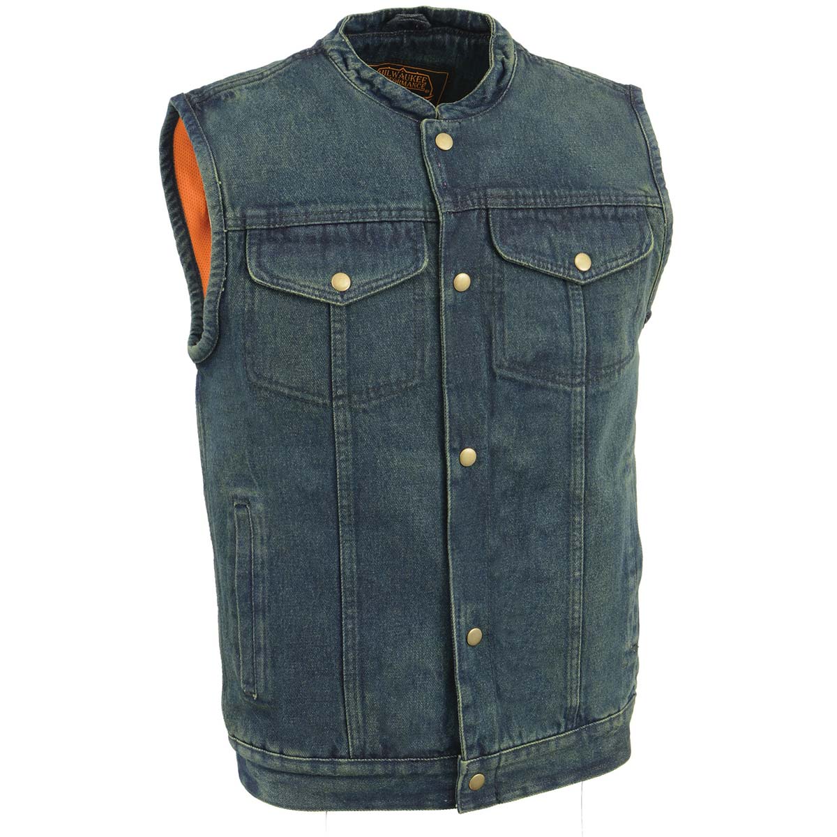 Camicia In Denim Senza Maniche Milwaukee Leather DM1003 Arancione, Uomo, Classica, Cotone - Foto 5