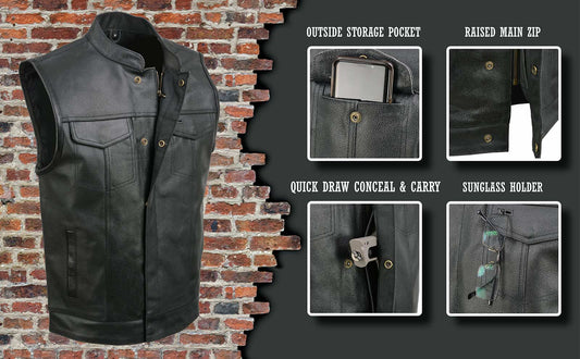 Event Leather ELM3910 Men's Black Motorcycle Leather Riders Club Style Vest w/ Dual Closure