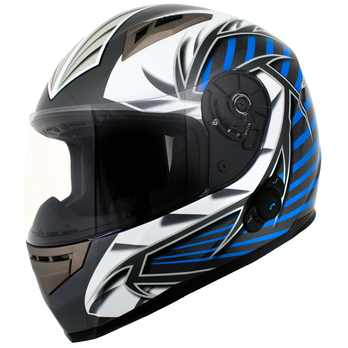 blue and silver motorcycle helmet Milwaukee Helmets H512 Titanium and Blue Chit-Chat Full Face Wireless Motorcycle Helmet-Stream Music-Phone Calls