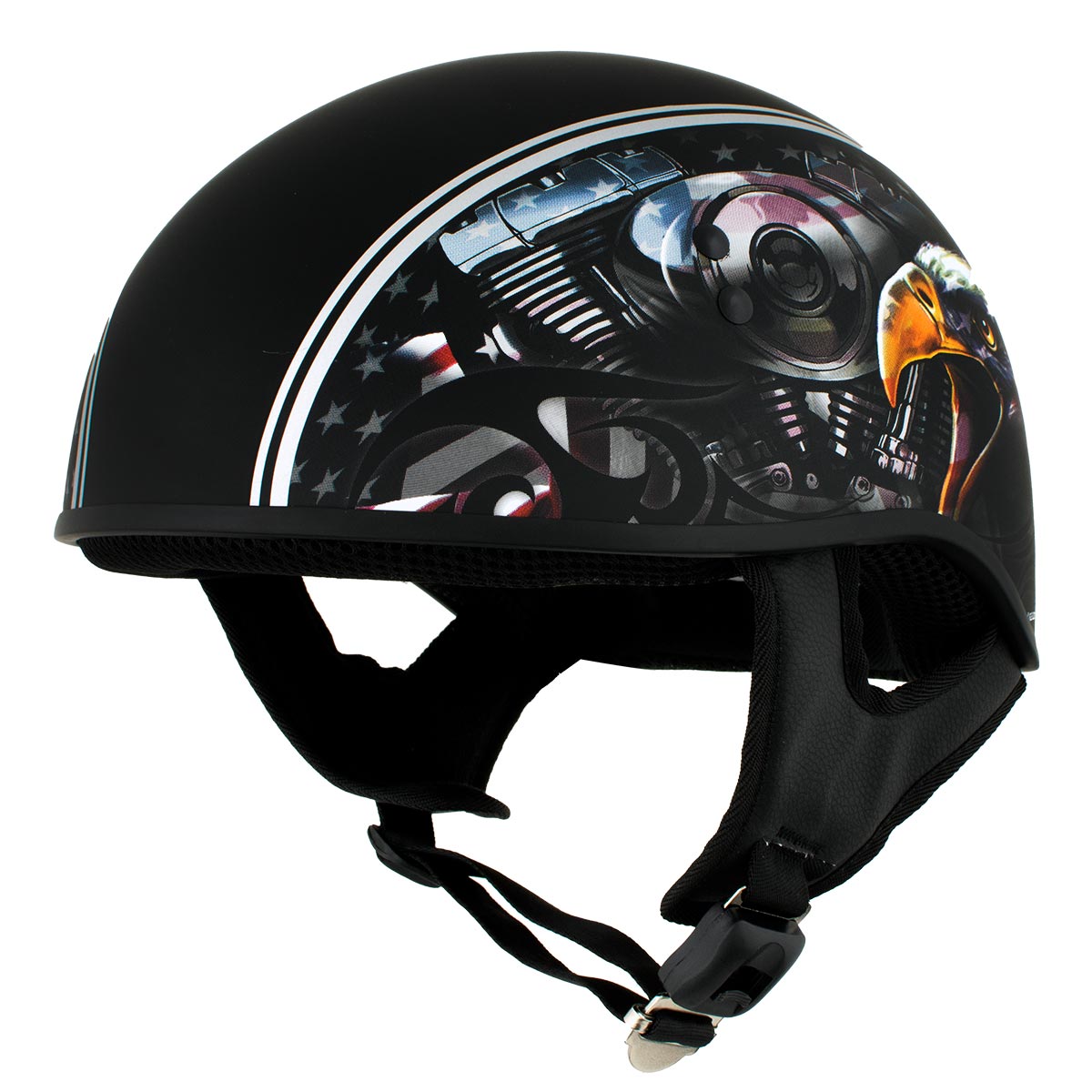 dot skull cap motorcycle helmet Hot Leathers HLD1023 V-Twin Eagle Flat Black Motorcycle DOT Skull Cap Half Helmet Biker
