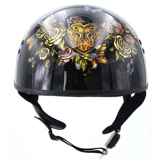 Hot Leathers HLD1034 Butterfly Lock Gloss Black Motorcycle DOT Approved Skull Cap Half Biker Helmet