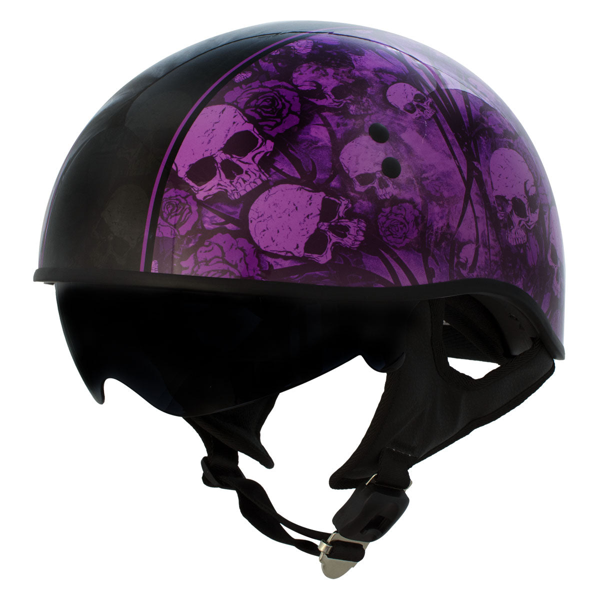 black purple motorcycle helmet Hot Leathers HLD1039 Gloss Black Purple Skull Bouquet Advanced DOT Unisex Half Helmet with Drop Down Tinted Visor