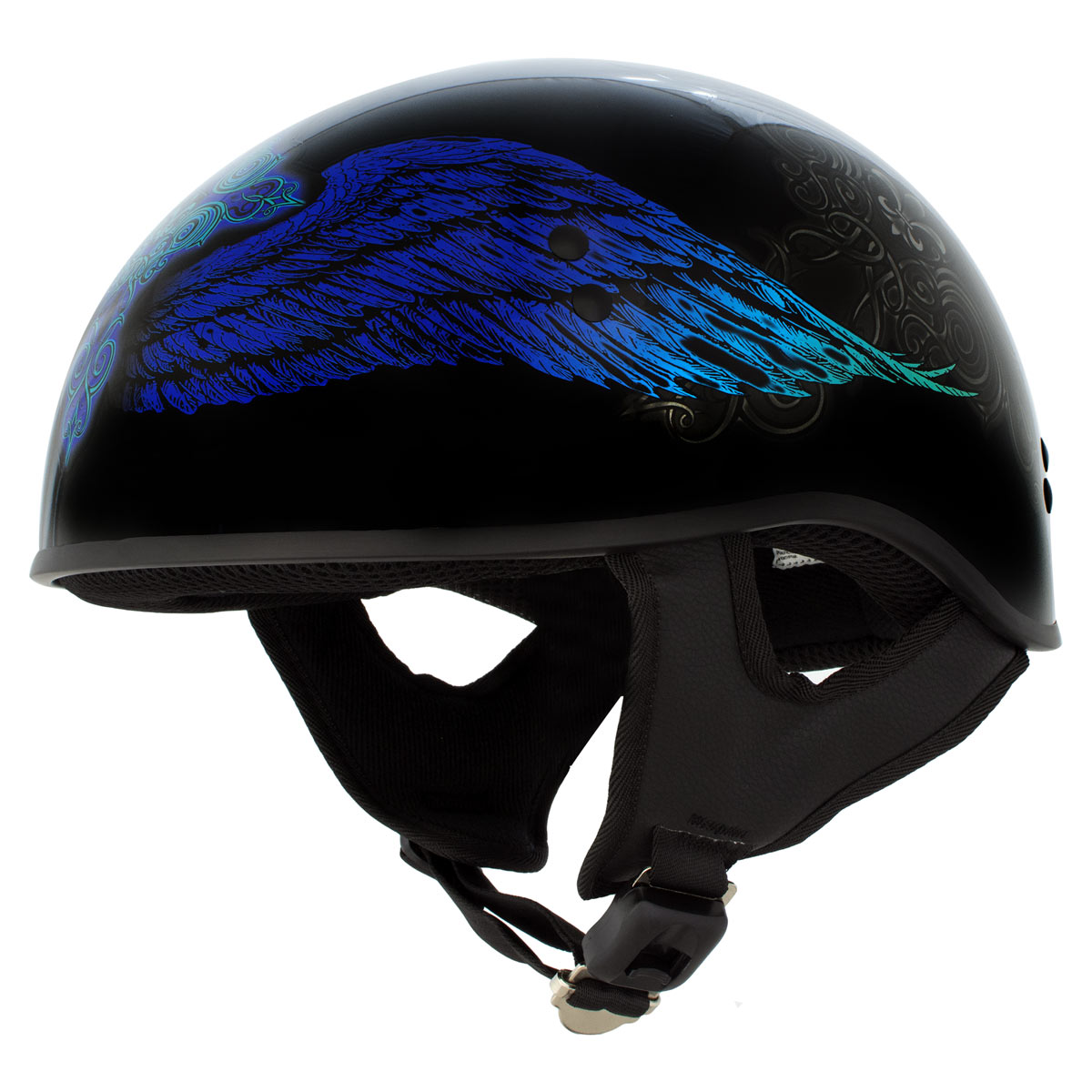 blue motorcycle half helmets Hot Leathers HLD1045 Gloss Black 'Cross de Lis' Advanced DOT Approved Skull Half Helmet for Men and Women Biker