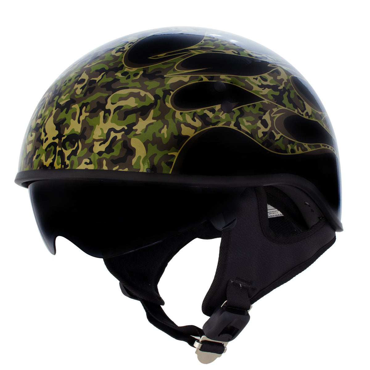 black tinted motorcycle helmet Hot Leathers HLD1047 Gloss Black 'Camo Skull Flames' Advanced DOT Skull Half Helmet with Drop Down Tinted Visor