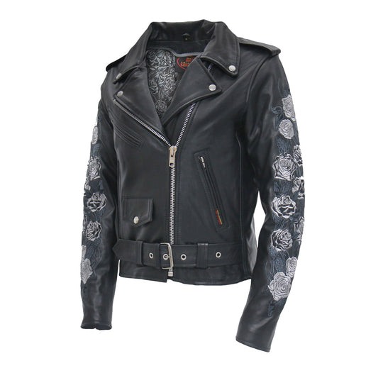 Hot Leathers Women's Black Bouquet Black Leather Motorcycle Jacket JKL2002