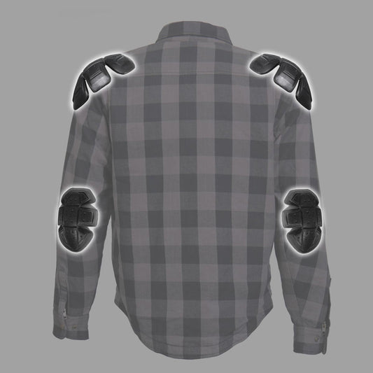 Hot Leathers JKM3004 Men's Grey/Black CE Armored Flannel Motorcycle Shirt Jacket - Aramid Fiber Reinforced
