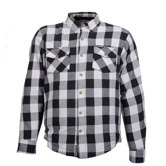 Hot Leathers JKM3005 Men's White/Black CE Armored Flannel Motorcycle Shirt Jacket - Aramid Fiber Reinforced