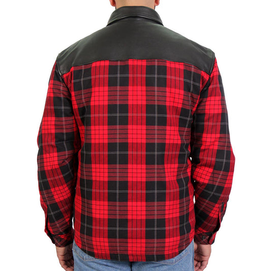 Hot Leathers JKM3201 Men’s CE Armored Flannel Motorcycle Shirt Jacket - Aramid Reinforced w/ Leather Shoulder Panels