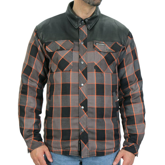 Hot Leathers JKM3202 Men's Grey Black and Orange Aramid Fibers Reinforced Leather and Plaid Flannel Shirt