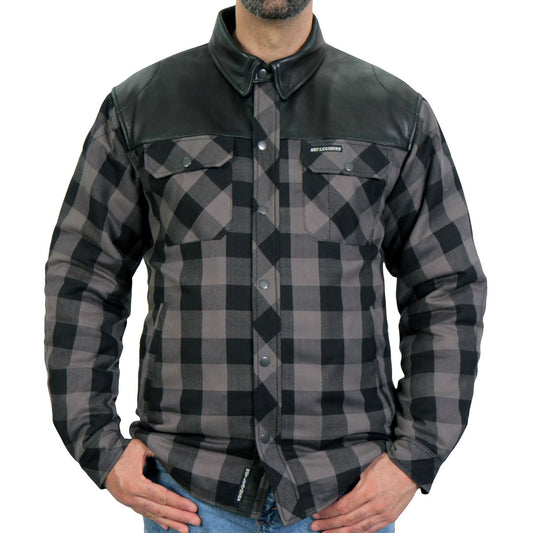 Hot Leathers JKM3203 Men's Grey and Black Aramid Fibers Reinforced Leather and Plaid Flannel Shirt