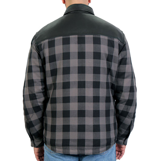 Hot Leathers JKM3203 Men’s CE Armored Flannel Motorcycle Shirt Jacket - Aramid Reinforced w/ Leather Shoulder Panels