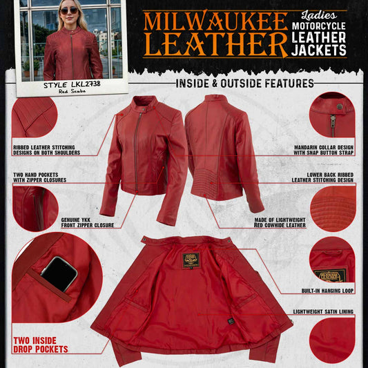 Milwaukee Leather LKL2738 Women's Red Premium Leather Scuba Style Biker Jacket w/ Mandarin Collar