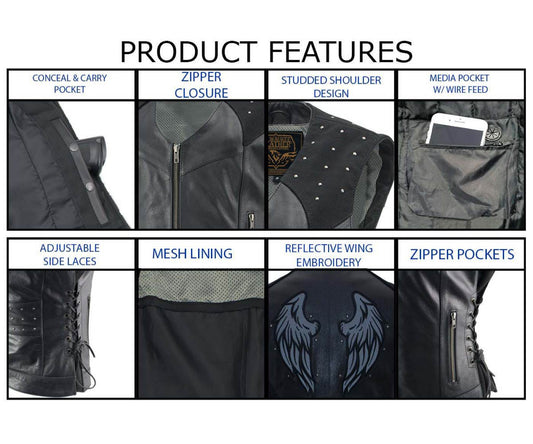 Milwaukee Leather Women's Winged Black Studded Leather Motorcycle Vest with Reflective Wings - LKL4715