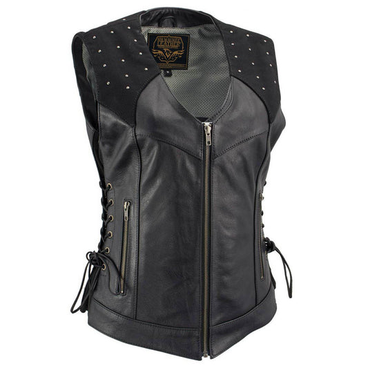Milwaukee Leather Women's Winged Black Studded Leather Motorcycle Vest with Reflective Wings - LKL4715