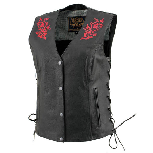 Milwaukee Leather Women's Gemma Black and Red Leather Motorcycle Vest with Side Laces - LKL4718