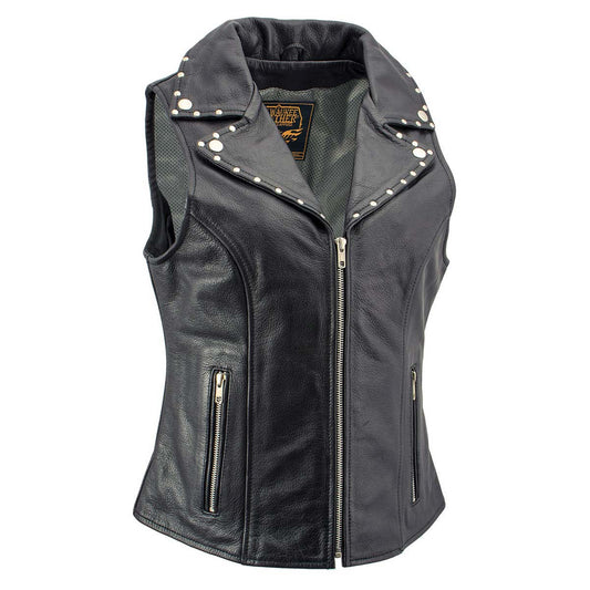 Milwaukee Leather Women's Dita Black Motorcycle Leather Vest w/ Riveted Lapel Collar - LKL4720