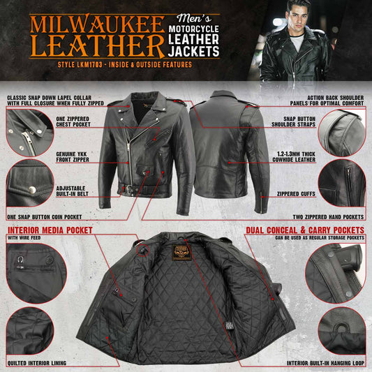 Milwaukee Leather LKM1703 Men's Classic Black Premium Leather Motorcycle Biker Rider Jacket