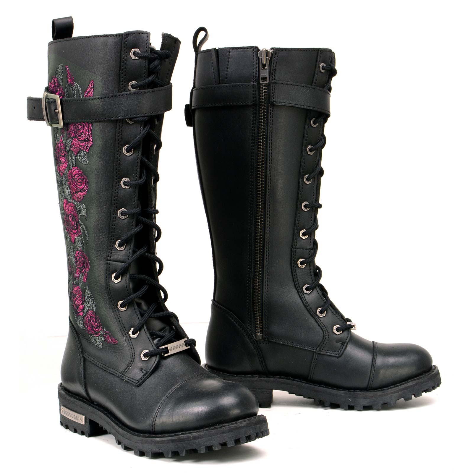 Milwaukee Leather MBL9356 Women's Black 14 Tall Motorcycle Boots Lace-Up High-Rise Pink Embroidered Leather Shoe Milwaukee Leather MBL9356 Women's Black 14 Tall Motorcycle Boots Lace-Up High-Rise Pink Embroidered Leather Shoe